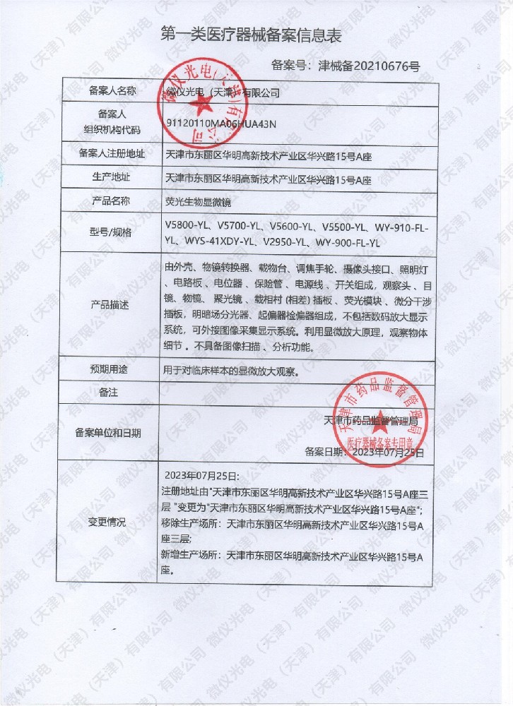 熒光生物顯微鏡備案信息表